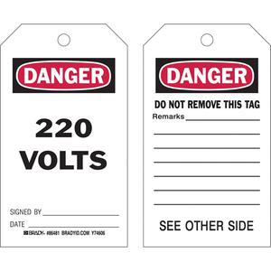 Safety Tags - English, Plastic, 4", 7", Danger 220 Volts