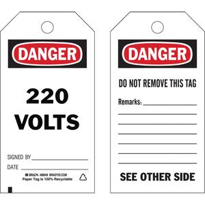Safety Tags - English, Cardstock, 3", 5-3/4", Danger 220 Volts