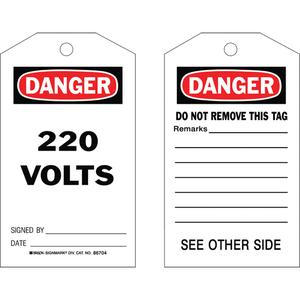 Safety Tags - English, Cardstock, 4", 7", Danger 220 Volts