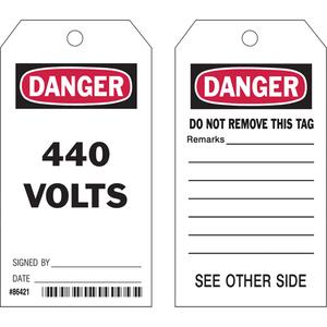 Safety Tags - English, Plastic, 4", 7", Danger 440 Volts