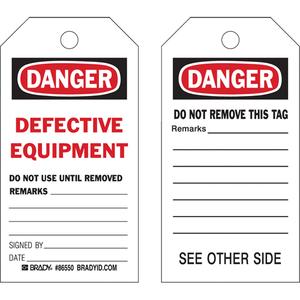 Safety Tags - English, Plastic, 3", 5-3/4", Danger Defective Equipment