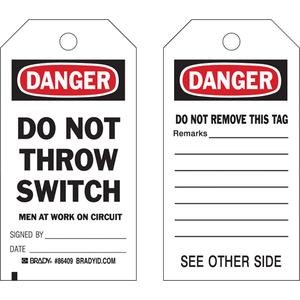 Safety Tags - English, Plastic, 4", 7", Danger Do Not Throw Switch Men Working On Circuit