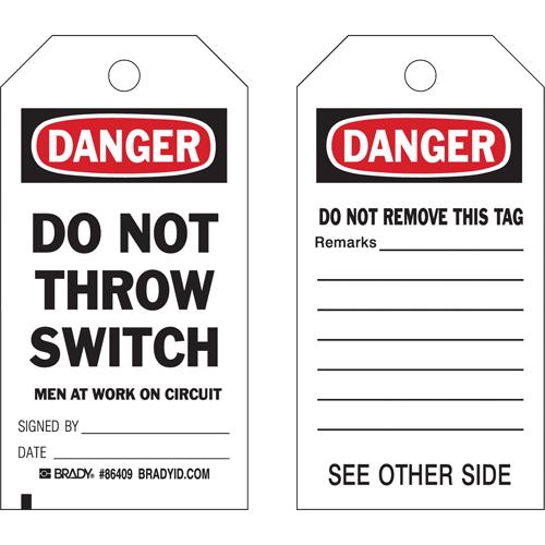 Safety Tags - English, Plastic, 4", 7", Danger Do Not Throw Switch Men Working On Circuit