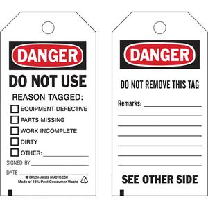 Safety Tags - English, Plastic, 3", 5-3/4", Danger Do Not Use Reason Tagged
