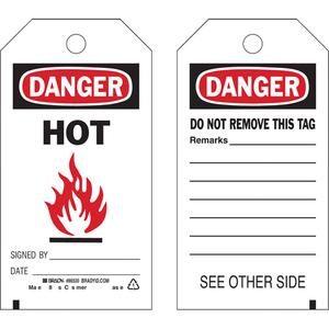Safety Tags - English, Plastic, 3", 5-3/4", Danger Hot w/Pictogram