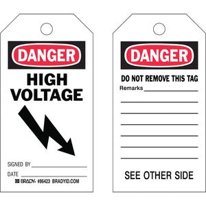 Safety Tags - English, Cardstock, 3", 5-3/4", Danger High Voltage w/Pictogram