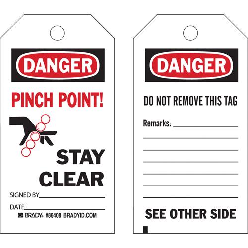 Safety Tags - English, Plastic, 3", 5-3/4", Danger Pinch Point Stay Clear w/Pictogram