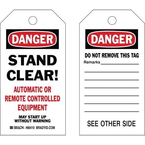 Safety Tags - English, Cardstock, 3", 5-3/4", Danger Stand Clear! Automatic or Controlled Equipment May Start Up Without Warning