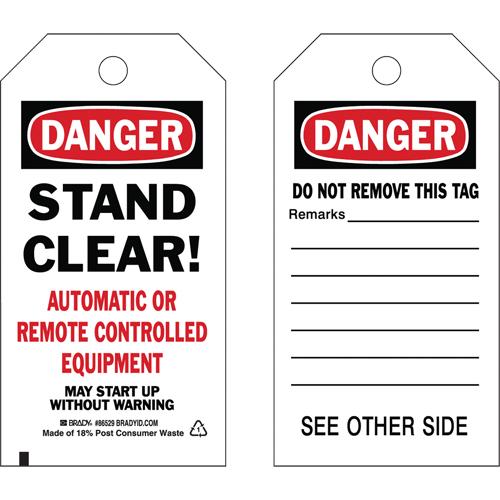 Safety Tags - English, Plastic, 3", 5-3/4", Danger Stand Clear! Automatic or Controlled Equipment May Start Up Without Warning
