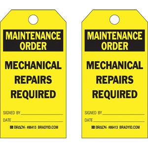 Safety Tags - English, Plastic, 3", 5-3/4", Maintenance Order Mechanical Repairs Required