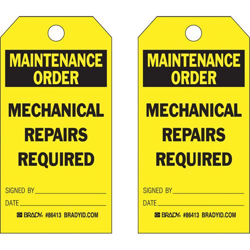 Safety Tags - English, Plastic, 3", 5-3/4", Maintenance Order Mechanical Repairs Required