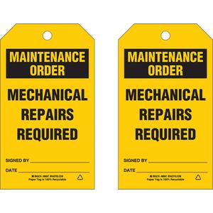 Safety Tags - English, Plastic, 4", 7", Maintenance Order Mechanical Repairs Required