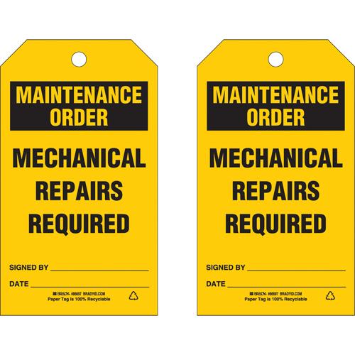 Safety Tags - English, Cardstock, 4", 7", Maintenance Order Mechanical Repairs Required
