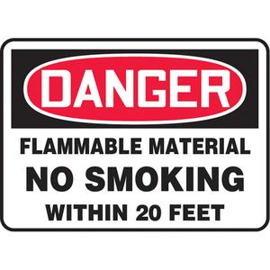 "Flammable Material" Sign - Aluminum, Plastic, Vinyl, 10", 14", Bolt-On, English, Chemicals and Hazardous Materials/Smoking Control, Danger; Flammable Material No Smoking Within 20 Feet