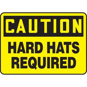 "Hard Hats Required" Sign - Aluminum, Plastic, Vinyl, 10", 14", Bolt-On, English, Personal Protection, Caution; Hard Hats Required