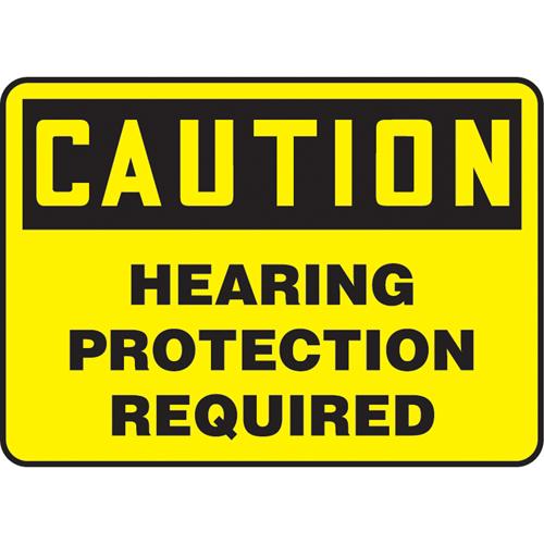"Hearing Protection Required" Sign - Plastic, Aluminum, 10", 7", Bolt-On, English, Personal Protection, '-90°F to 168°F, 2 years outdoors, Caution; Hearing Protection Required