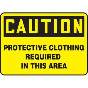 "Protective Clothing Required" Sign - Aluminum, Plastic, Vinyl, 10", 14", Bolt-On, English, Personal Protection, Caution; Protective Clothing Required In This Area