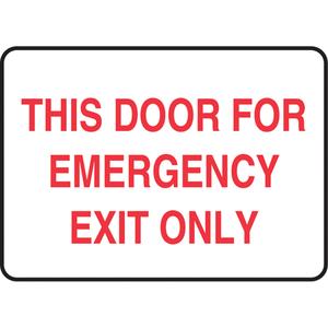 "Door For Emergency Exit" Sign - Aluminum, Plastic, Vinyl, 10", 14", Bolt-On, English, Fire and Emergency