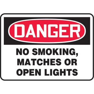 "No Smoking, Matches Or Open Lights" Sign - Aluminum, Plastic, Vinyl, 10", 14", Bolt-On, English, Smoking Control, Danger; No Smoking, Matches Or Open Lights