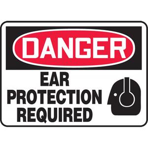 "Ear Protection Required" Sign - Plastic, 14", 10", Bolt-On, English with Pictogram, Personal Protection, Danger; Ear Protection Required w/Pictogram, 2 years outdoors, '-90°F to 168°F