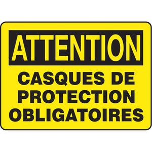 "Casques de protection" Sign - Aluminum, Plastic, Vinyl, 10", 14", Bolt-On, French, Personal Protection, Attention; Casques De Protection Obligatoires, '-20°F to 140°F, 5 years outdoors