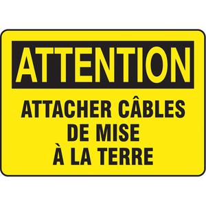 "Attacher câbles de mise à la terre" Sign - Aluminum, Plastic, Vinyl, 10", 14", Bolt-On, French, Electrical, Attention; Attacher Câbles De Mise À La Terre