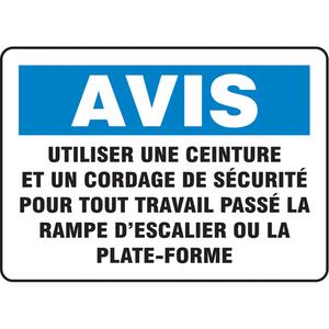 "Utiliser une ceinture et un cordage de sécurité" Sign - Aluminum, Plastic, Vinyl, 10", 14", Bolt-On, French, Personal Protection