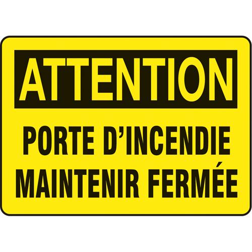 "Porte d'incendie" Sign - Plastic, Vinyl, 10", 14", Bolt-On, French, Fire and Emergency, Attention; Porte D'Incendie Maintenir Fermée