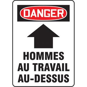 "Hommes au travail au-dessus" Sign - Aluminum, Vinyl, 10", 14", Bolt-On, French with Pictogram, Construction, Danger; Hommes Au Travail Au-Dessus w/Upwards Arrow