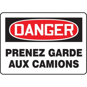 "Prenez garde aux camions" Sign - Aluminum, Plastic, Vinyl, 10", 14", Bolt-On, French, Industrial Traffic, Danger; Faible Dégagement Vertical, '-20°F to 140°F, 5 years outdoors
