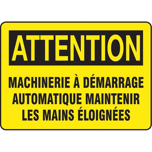 "Machinerie à démarrage automatique" Sign - Aluminum, Plastic, Vinyl, 10", 14", Bolt-On, French, Equipment, Attention; Machineries À Démarrage Automatique Maintenir Les Mains Éloignées, '-20°F to 140°F