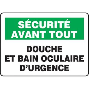 "Douche et bain oculaire d'urgence" Sign - Aluminum, Plastic, Vinyl, 10", 14", Bolt-On, French, First Aid, Sécurité Avant Tout; Douche Et Bain Oculaire D'Urgence