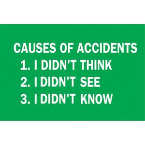 "Causes Of Accidents" Sign - Vinyl, Aluminum, Plastic, 10", 10", Adhesive, English, Safety Incentive and Motivational, Causes of Accidents - 1. I Didn't Think 2. I Didn't See 3. I Didn't Know