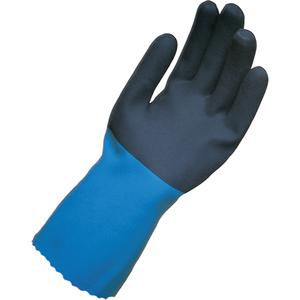 StanZoil NL34 Gloves - Small/6, Large/8, 12", 25-mil, Pinked, Neoprene, Cotton, EN 374:2016-1 Type A/EN 374:2016-2/EN 374:2016-5, ALMNST, 72, Rough, Black/Blue