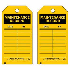 Material Control Tags - Polyester, English, 3", 5-3/4", 10, Black on Yellow, Maintenance Record, Laminated