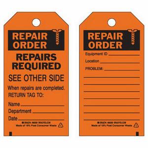 Material Control Tags - Polyester, English, 3", 5-3/4", 10, Black on Orange, Repair order, Not Laminated