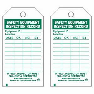 Inspection Record Tags - Polyester, English, 3", 5-3/4", 10, Green on White, Safety equipment inspection record, Not Laminated