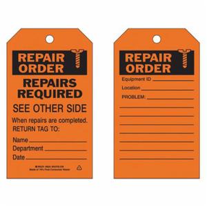 Material Control Tags - Polyester, English, 4", 7", 10, Black on Orange, Repair order, Not Laminated