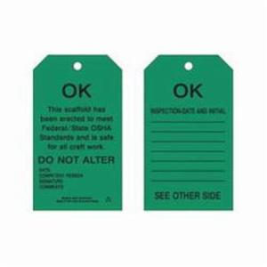 Scaffold Safety Tags - Polyester, English, 4", 7", Black on Green, OK. This scaffold has been erected to meet Federal/State OSHA Standards and is safe for all craft work. Do not alter., Not Laminated