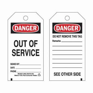 Self-Laminating Safety Tags - English, Polyester, 3", 5-3/4", Package, Package, 10, Black/Red on White, Danger. Out of service