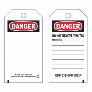 Self-Laminating Safety Tags - English, Polyester, 3", 5-3/4", Package, Package, 10, Black/Red on White, Caution. Do not remove this tag
