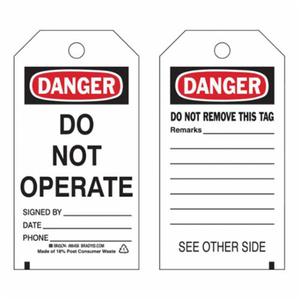 Self-Laminating "Do Not Operate" Tags - Polyester, English, 3", 5-3/4", Pack, 10, Black/Red on White, Danger. Do not operate.
