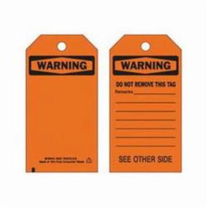 Self-Laminating Safety Tags - English, Polyester, 3", 5-3/4", Package, Package, 10, Black on Orange, Warning. Do not remove this tag