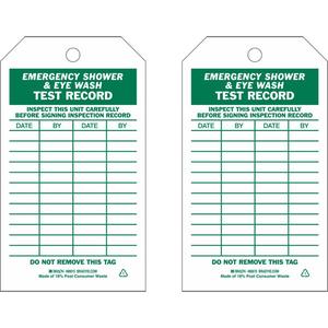 Test Record Inspection Tags - Paper, English, 3", 5-3/4", Package, 100, Green on White, Emergency shower and eyewash test record
