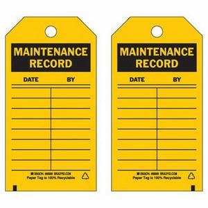 Material Control Tags - Paper, English, 3", 5-3/4", Package, 100, Black on Yellow, Maintenance Record