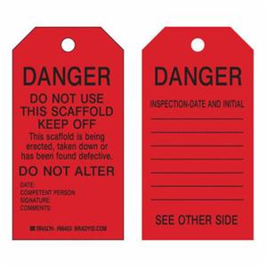 Scaffold Safety Tags - Paper, English, 3", 5-3/4", Pack, 100, Black on Red, Danger. Do not use this scaffold. Keep off. This scaffold is being erected