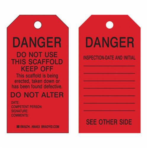 Scaffold Safety Tags - Paper, English, 3", 5-3/4", Pack, 100, Black on Red, Danger. Do not use this scaffold. Keep off. This scaffold is being erected