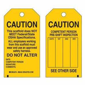Scaffold Safety Tags - Paper, English, 3", 5-3/4", Package, 100, Black on Yellow