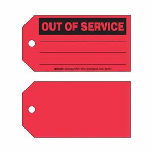 "Out Of Service" Production Tags - Paper, English, 5-3/4", 3", 100, Black on Red, Not Laminated, Package