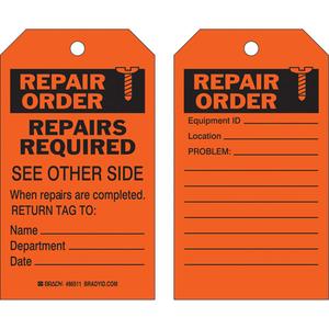 Safety Repair Tag - Polyester, English, 4", 7", Pack, 10, Black on Orange, Repair order, repairs required